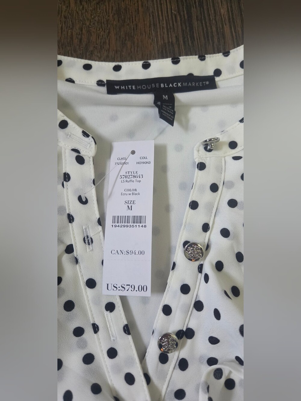 White House Black Market Dotted Ruffle Top Size M, NWT, Ecru/black - Picture 4 of 10